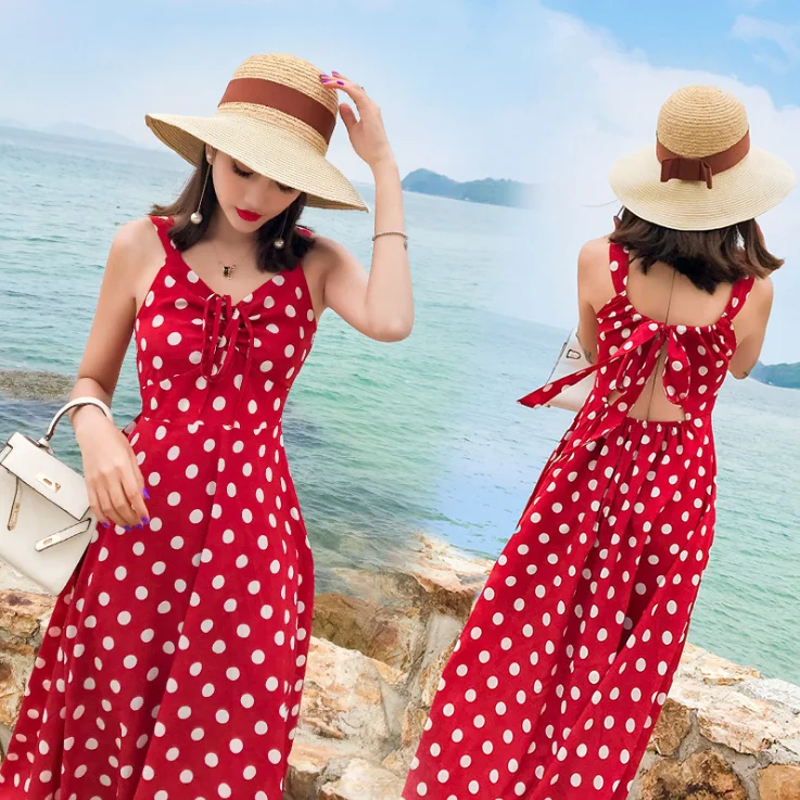 Spring and summer new style Beach seaside vacation strap dress Medium long wave chiffon | Женская одежда