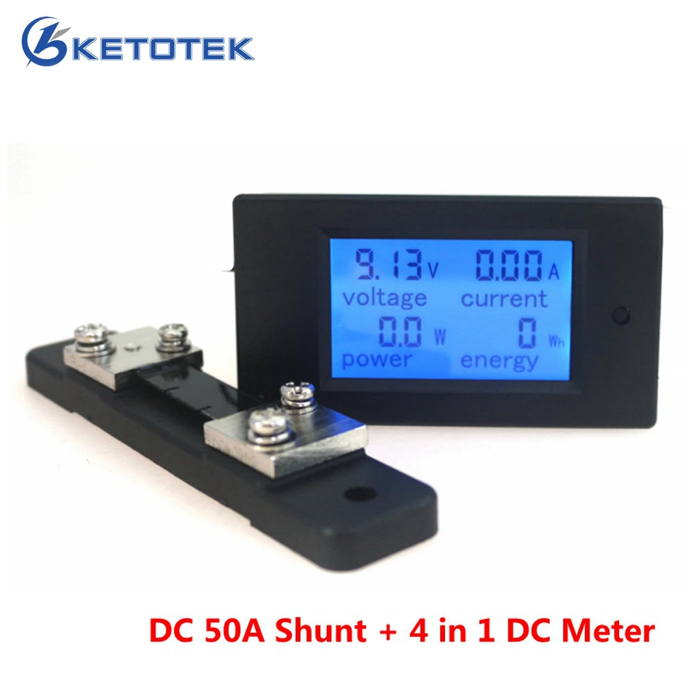 

DC 6.5-100V 50A Digital Voltmeter Ammeter with DC 50A/75mV Shunt LCD 4 in 1 DC Volt Amp Watt Energy Meter Tester