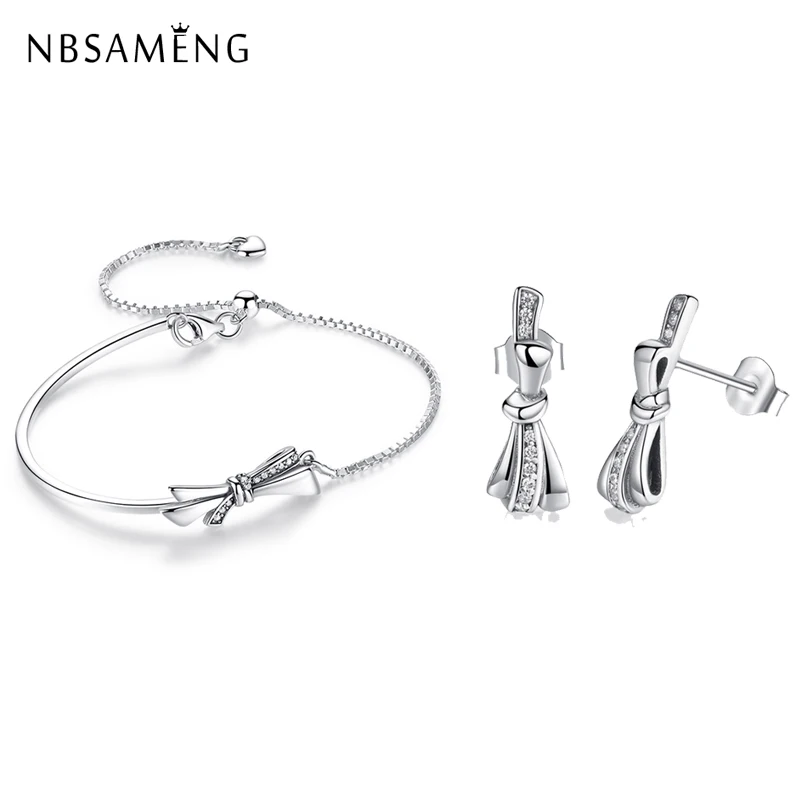 NBSAMENG Original 100% 925 Sterling Silver Jewelry Sets Brilliant Bows Earring Adjustable Bracelet Clear CZ For Women Wedding
NBSAMENG Original 100% 925 Sterling Silver Jewelry Sets Brilliant Bows Earring Adjustable Bracelet Clear CZ For Women Wedding
