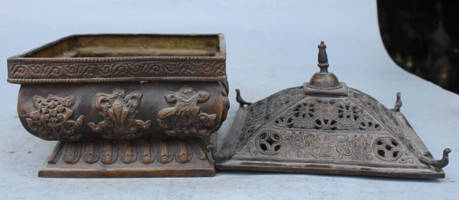 S0495 Old Rare Feng Shui Bronze 8 Auspicious Symbol d Incense Burner Censer Statue