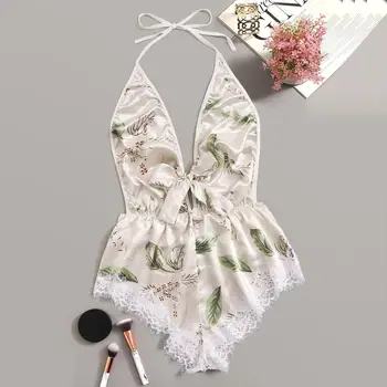 

New Linger Open Back Eyelash Contrast Lace Trim Hem Teddy Romper Bodysuit Sexy Criss Cross Teddies Satin Women Onesies Sleepwear