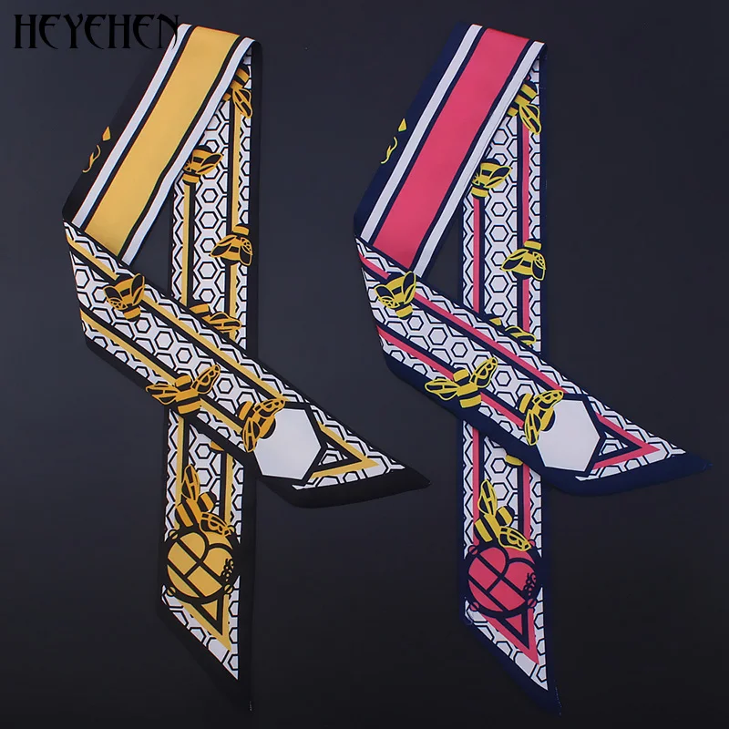 New Design Luxury Brand Geometric bee Print Skinny Small Bag Twill Silk Scarf Women Fashion Ribbon Head Hair Handle |