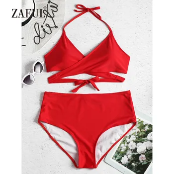 

ZAFUL Plus Size Wrap Bikini High Waist Swimuit Swimwear Women Solid Padded Halter Swimsuit Bathing Suit Biquni maillot de bain