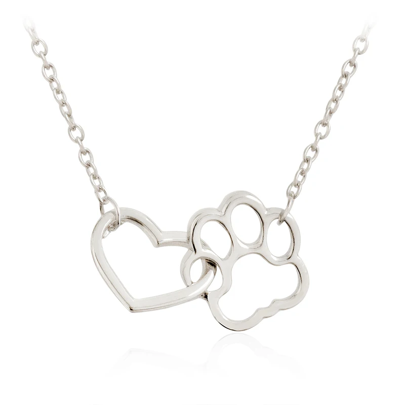 Image Linked Heart and Paw Hollow Dog Paw Claw Pendant Necklaces Gold Silver Pet Dog Animal Jewelry Gift for Dog Owners