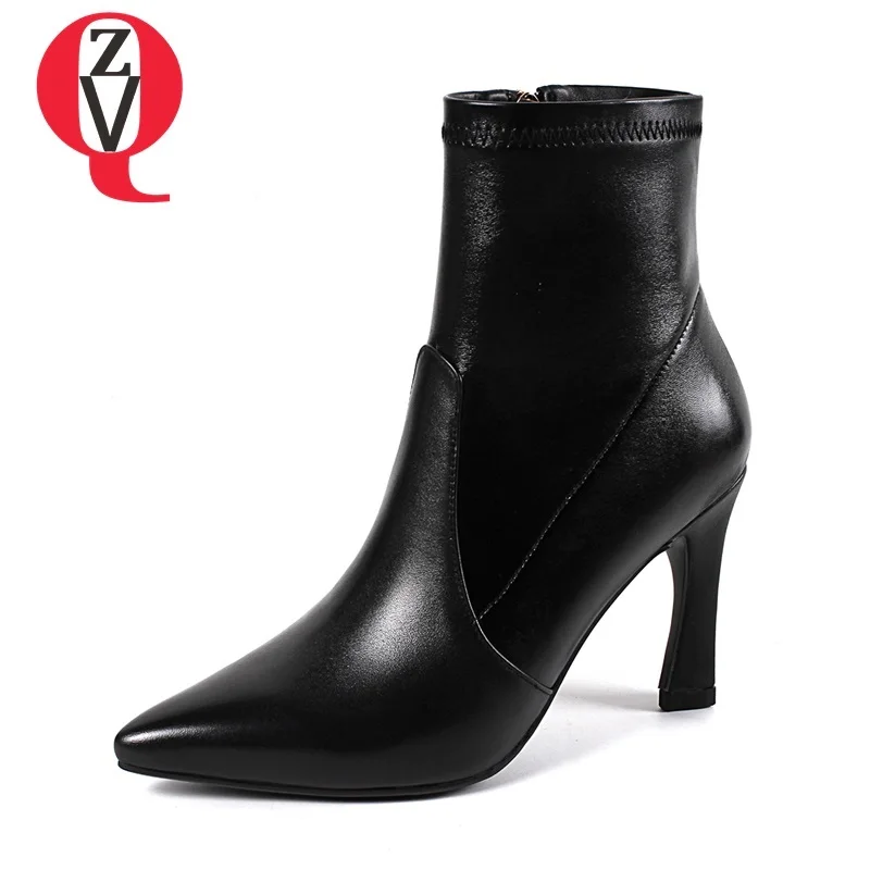 ZVQ high quality new popular genuine leather super high strange style pointed toe zipper winter black and beige warm ankle boots 
ZVQ high quality new popular genuine leather super high strange style pointed toe zipper winter black and beige warm ankle boots
