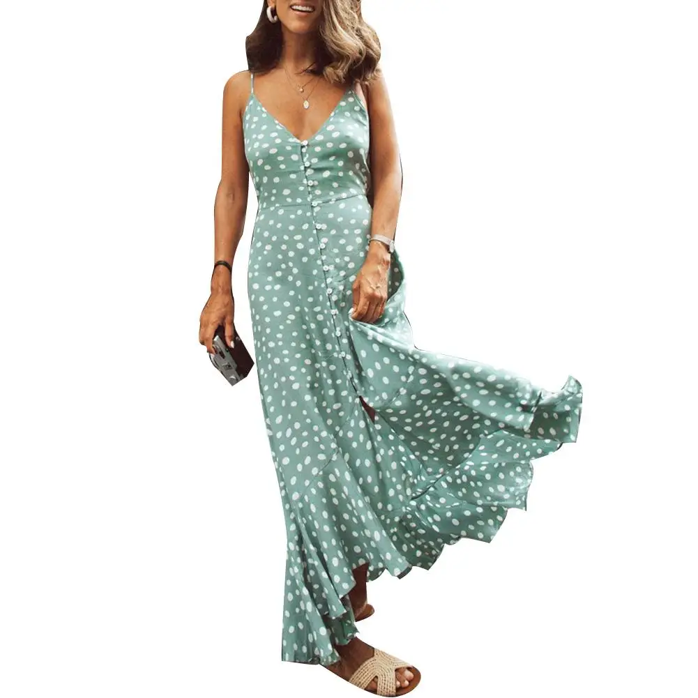 Fashion Women Boho Dot Print V Neck Single Breasted Sexy Sling Backless Sleeveless Irregular Ruffled Beach Party Long Maxi Dress
Fashion Women Boho Dot Print V Neck Single Breasted Sexy Sling Backless Sleeveless Irregular Ruffled Beach Party Long Maxi Dress