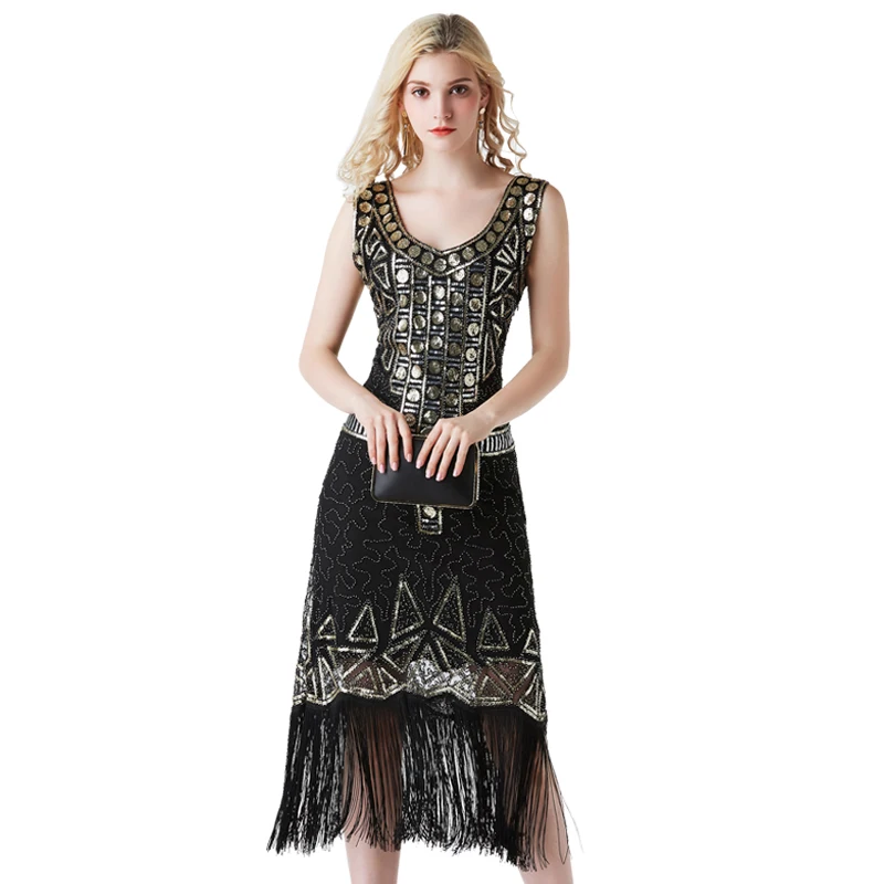 Women 1920s Tassel Gatsby Flapper DressRetro Dressing Round Neck Geometric Long Fringes Dresses with Gold Sequins
Women 1920s Tassel Gatsby Flapper DressRetro Dressing Round Neck Geometric Long Fringes Dresses with Gold Sequins