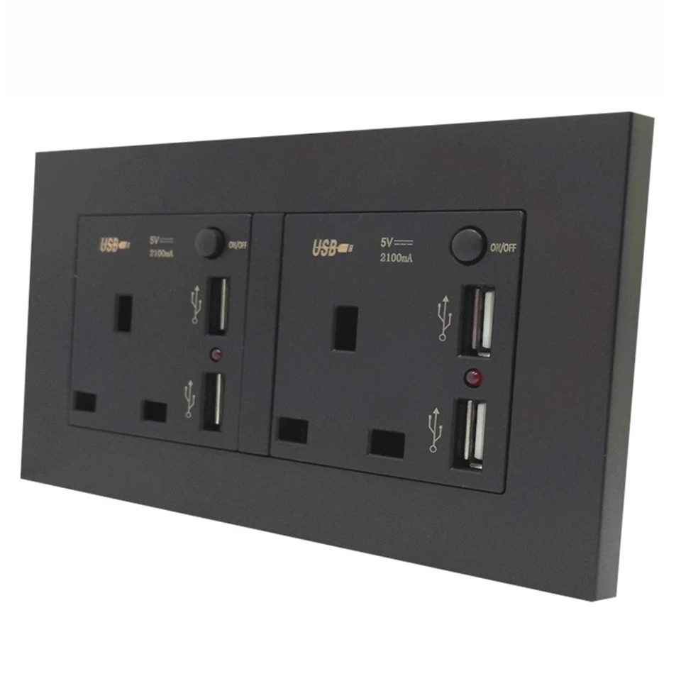 146 UK Wall Power Socket Outlet, 13A British Standard PC Panel Dual USB Plug Black Socket, AC110-250v
146 UK Wall Power Socket Outlet, 13A British Standard PC Panel Dual USB Plug Black Socket, AC110-250v