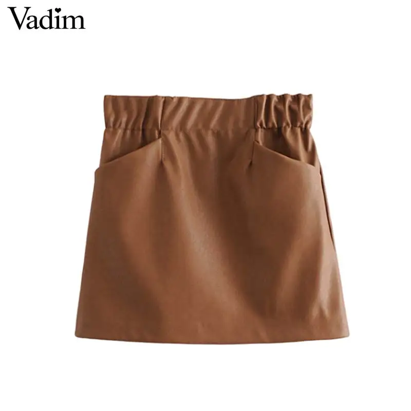 Vadim women basic PU leather chic skirts faldas with pockets elastic waist solid female fashion casual A line mini BA216 | Женская