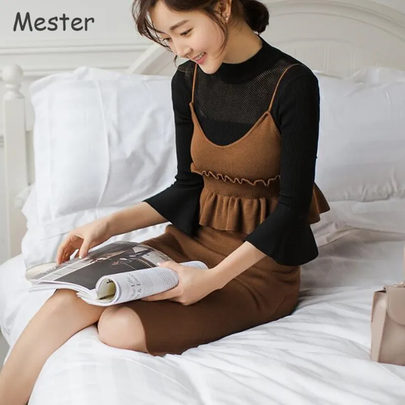 Korean Fashion Women Ruffled Spaghetti Strap Dress Spring Autumn Coffee/Black High Quality Knitted Peplum Dress with Split Sides
Korean Fashion Women Ruffled Spaghetti Strap Dress Spring Autumn Coffee/Black High Quality Knitted Peplum Dress with Split Sides