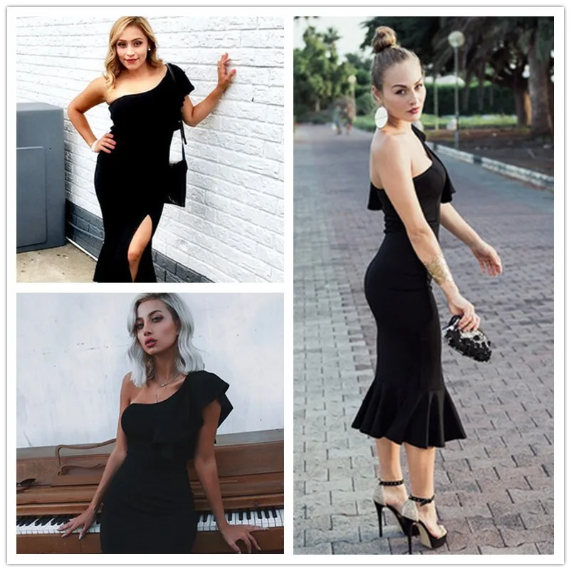 COLROVIE Black Party Dress 2017 Women One Shoulder Frill Peplum Hem Sexy Elegant Summer Dresses Slim Ruffle Split Bodycon Dress 15