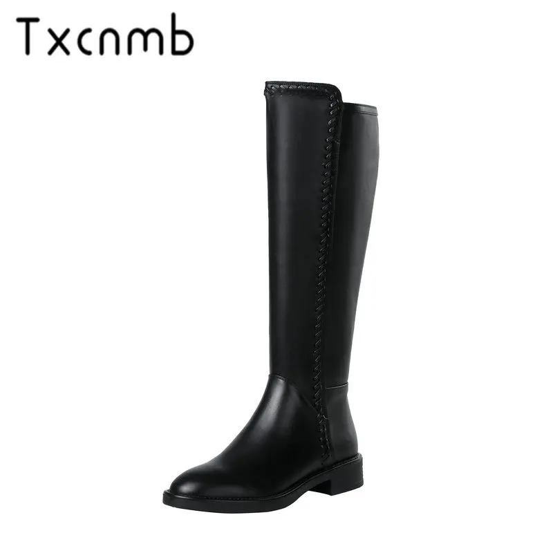 TXCNMB 2020 New Arrival Women Knee High Boots Autumn Winter Warm Genuine Leather Heels Shoes Woman Round Toe Punk | Обувь