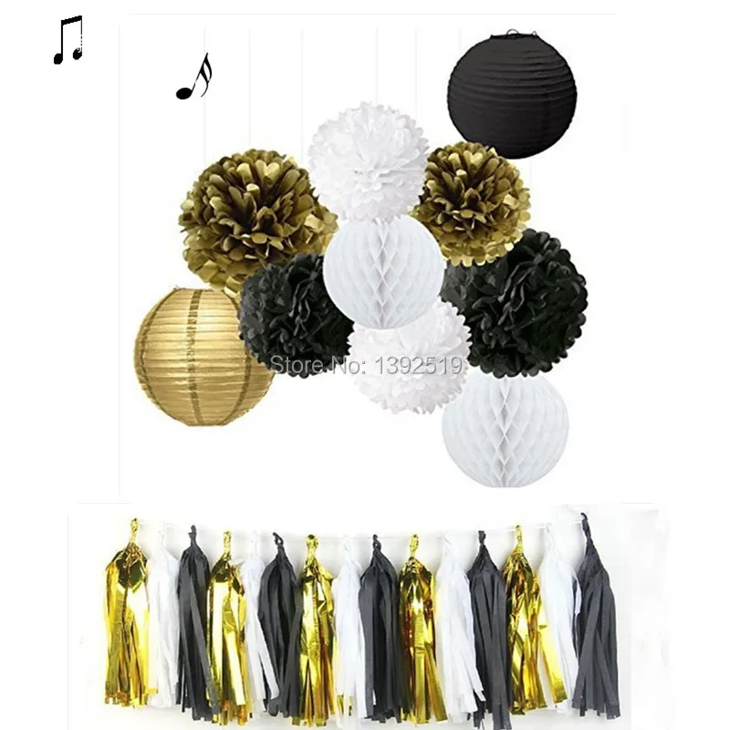 Black White Gold Decoration Set Tissue Pom Poms Tassel Garland Honeycomb Ball Paper Lantern for Black&Gold Party Decoration
Black White Gold Decoration Set Tissue Pom Poms Tassel Garland Honeycomb Ball Paper Lantern for Black&Gold Party Decoration