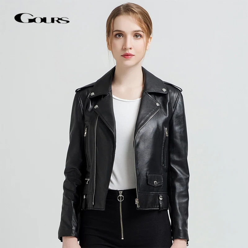 Gours Women's Genuine Leather Jackets Female Fashion Short Motorcycle Jacket Black Classic Punk Style Ladies Sheepskin Coat 1619
Gours Women's Genuine Leather Jackets Female Fashion Short Motorcycle Jacket Black Classic Punk Style Ladies Sheepskin Coat 1619