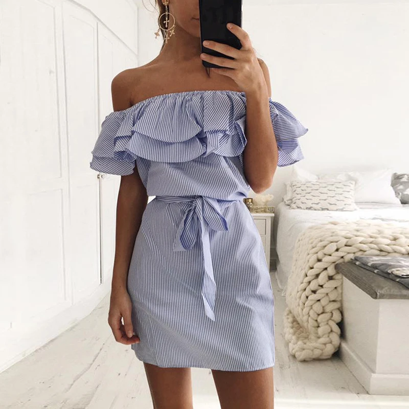 2019 Sexy Slash Neck Striped Dress Summer Casual Butterfly Sleeve Sashes Dress Backless Bandage Sundress
2019 Sexy Slash Neck Striped Dress Summer Casual Butterfly Sleeve Sashes Dress Backless Bandage Sundress