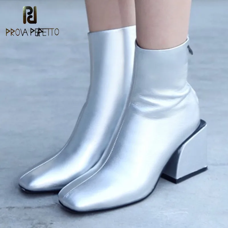 Prova Perfetto New Fashion Silver High Heels Boots Women Square Toe Ankle Boots Genuine Leather Zapatos Mujer Tacon Escarpins
Prova Perfetto New Fashion Silver High Heels Boots Women Square Toe Ankle Boots Genuine Leather Zapatos Mujer Tacon Escarpins