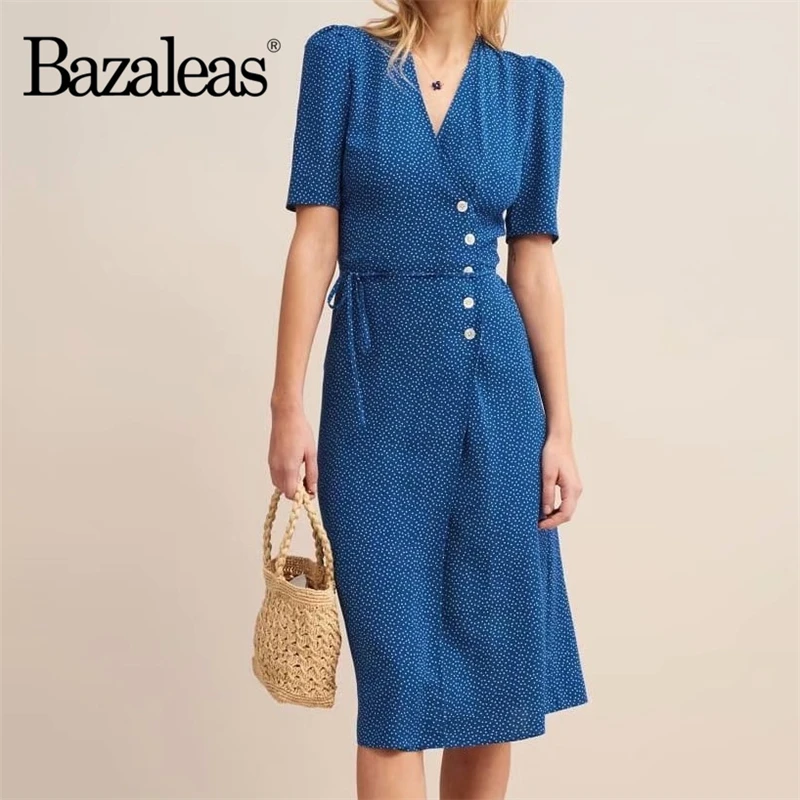 Bazaleas France elegant summer Dress Chic V Neck Navy Dots Print Split vestidos wrap midi dress Vintage drop shipping
Bazaleas France elegant summer Dress Chic V Neck Navy Dots Print Split vestidos wrap midi dress Vintage drop shipping