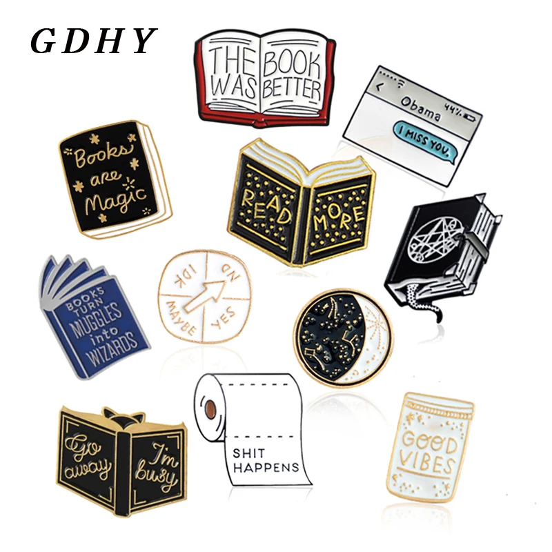 GDHY Book Enamel Pin Book Brooches Magic Book Magic ball Roll of paper Reading Badges Literary Lapel pins Jewelry Book Brosche
GDHY Book Enamel Pin Book Brooches Magic Book Magic ball Roll of paper Reading Badges Literary Lapel pins Jewelry Book Brosche