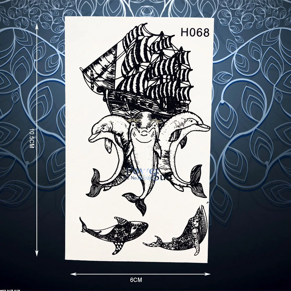 Image Unique Waterproof Temporary Tattoo Sticker Pirate Ship Boat Dolphin Whale Decals Men Women Body Art Arm Leg Tattoo Stickers PH68