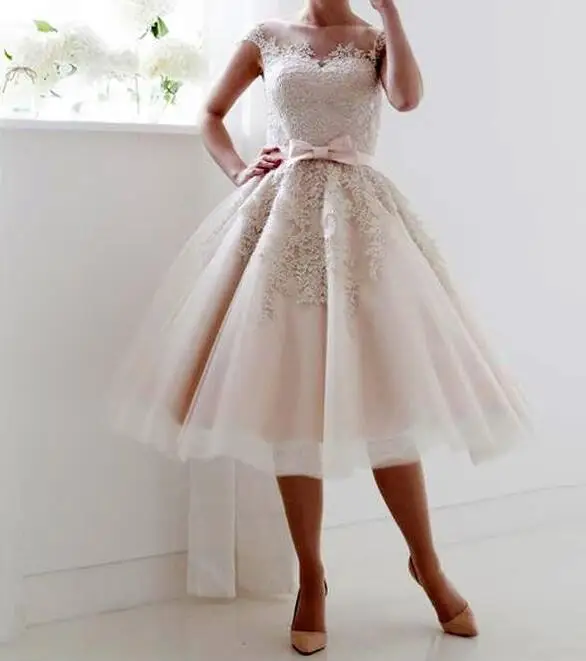 Vintage 1950's Style Cap Sleeves Tea Length Saudi Short Wedding Dress Champagne Lace See-through Back Bride Gowns (5)