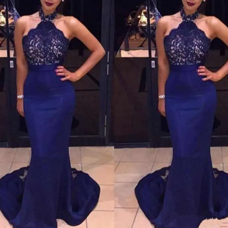 2021 New Royal Blue Lace Applique Mermaid Prom Dresses Halter Neck Backless Floor Length Elegant Formal Party Dresses Wear
2021 New Royal Blue Lace Applique Mermaid Prom Dresses Halter Neck Backless Floor Length Elegant Formal Party Dresses Wear