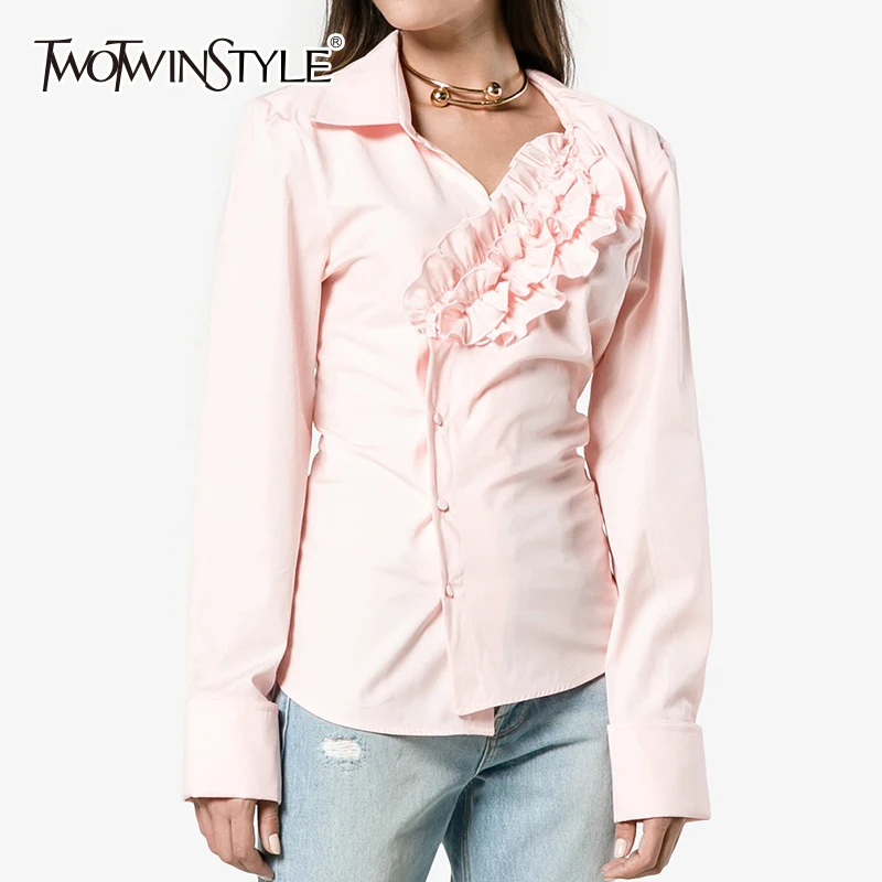 TWOTWINSTYLE Ruffles Shirt For Women Irregular Single Breasted Lapel Collar Long Sleeve 2019 Spring Fashion Big Size Clothing
TWOTWINSTYLE Ruffles Shirt For Women Irregular Single Breasted Lapel Collar Long Sleeve 2019 Spring Fashion Big Size Clothing