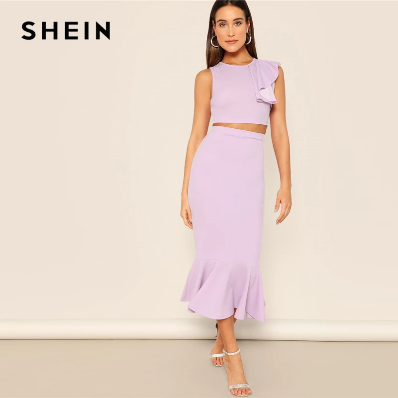 SHEIN Укороченный Топ С Оборками И Юбка Русалки Комплект Женский Летний Фиолетовый
