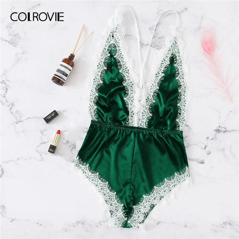 COLROVIE Green Scallop Lace Backless Criss Cross Satin Romper Lingerie Teddy Bodysuit Women 2019 Navy Onesies Pajama Sleepwear
COLROVIE Green Scallop Lace Backless Criss Cross Satin Romper Lingerie Teddy Bodysuit Women 2019 Navy Onesies Pajama Sleepwear