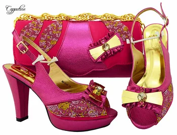 Excellent wedding/party fuchsia high heel pump shoes and handbag set with rhinestones MM1048, heel height 11cm