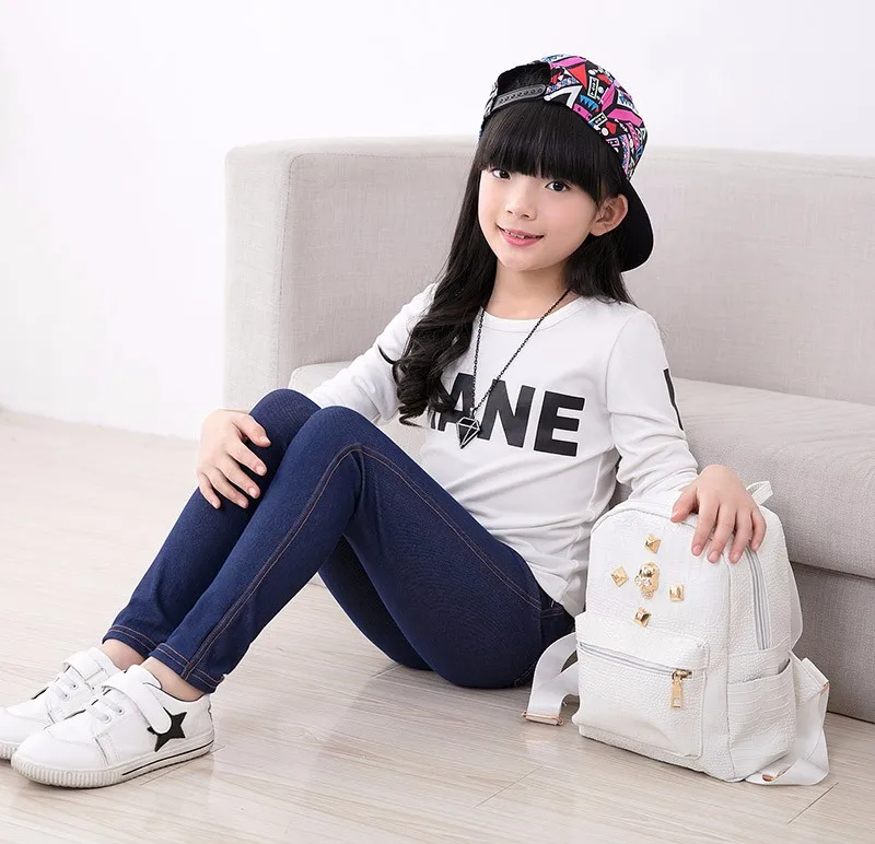 SheeCute New Spring Summer Fashion Girls Pencil knit Imitation denim fabric Jeans Kids Candy Colore Mid Waist Full Length pants 9