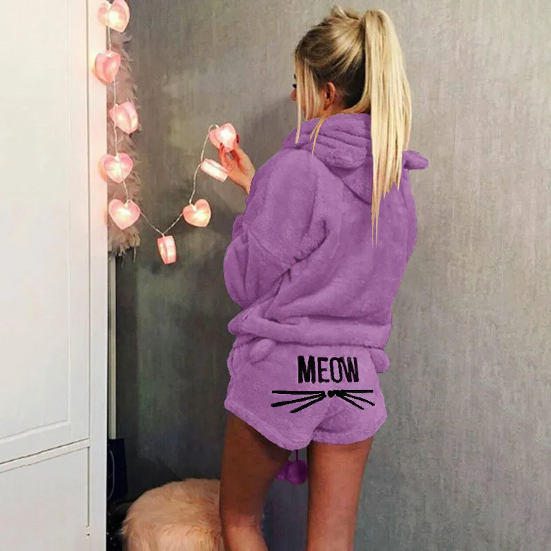 Velvet Suit Two Piece Autumn Winter Pajamas Warm Sleepwear Cute Cat Meow Pattern Hoodies Shorts Set 2018 New | Женская одежда