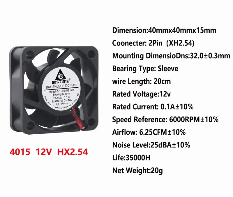 100 pieces Gdstime 4cm Cooling Fan 40mm x 15mm DC 12V 2 Wire 2Pin Connector Small Cooler 40x40x15mm 4015
100 pieces Gdstime 4cm Cooling Fan 40mm x 15mm DC 12V 2 Wire 2Pin Connector Small Cooler 40x40x15mm 4015