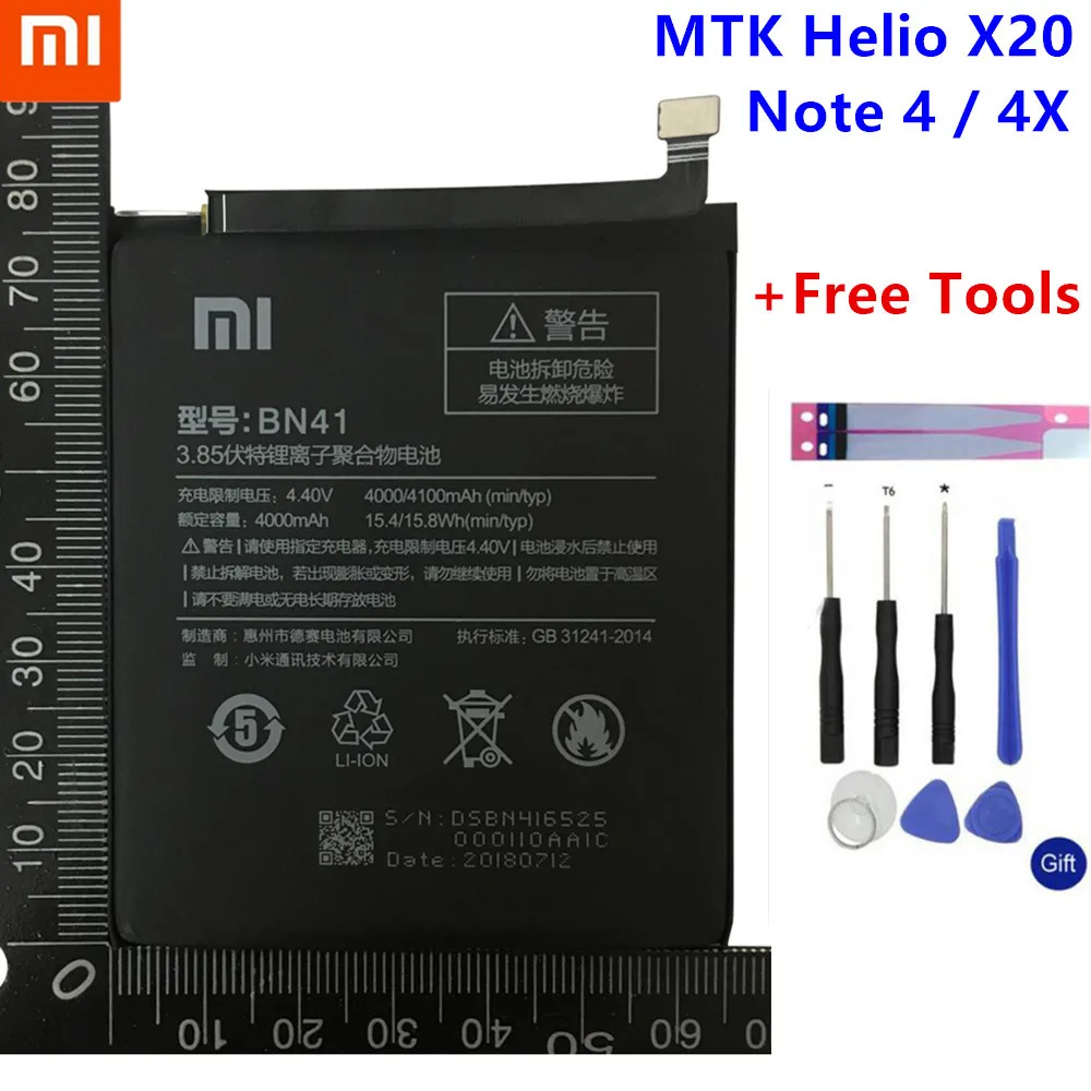 Original Real 4100mAh BN41 Battery For Xiaomi Redmi Note 4 MTK Helio X20 / Note 4X Pro MTK Helio X20 CPU Deca-core Max 2.1 GHz
Original Real 4100mAh BN41 Battery For Xiaomi Redmi Note 4 MTK Helio X20 / Note 4X Pro MTK Helio X20 CPU Deca-core Max 2.1 GHz
