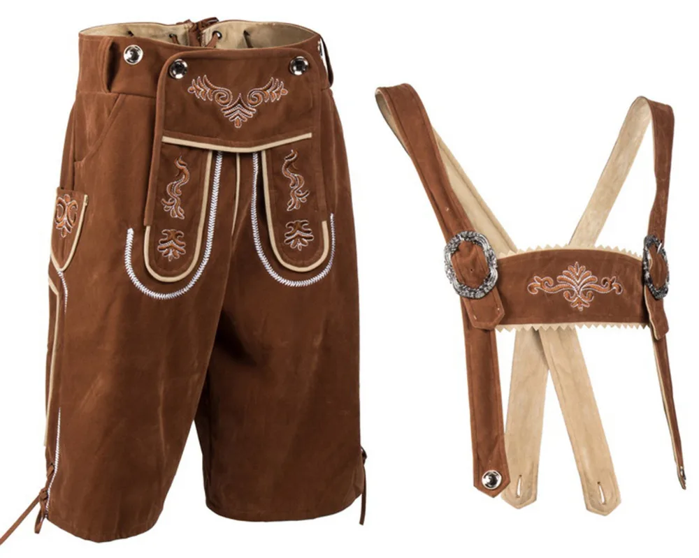 

Men's Brown Suede Embroidered Lederhosen German Bavarian Oktoberfest Beer Guy Costumes Suspender Shorts
