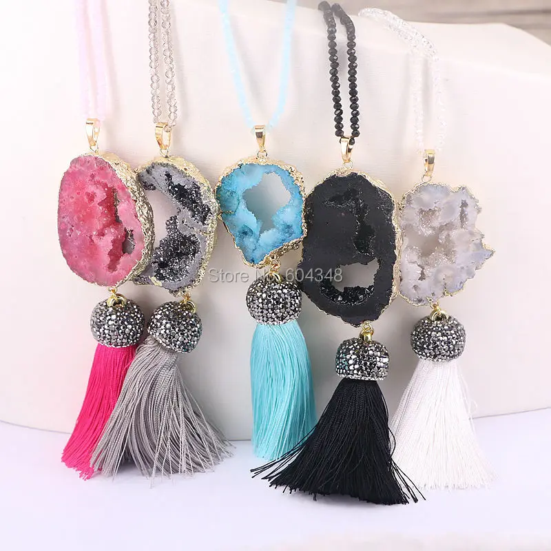 5Strands Zyunz Quartz Geode Beads with Silk Tassel Long Pendant Necklace Glass Round Beads Strand Chain Necklace for women
5Strands Zyunz Quartz Geode Beads with Silk Tassel Long Pendant Necklace Glass Round Beads Strand Chain Necklace for women