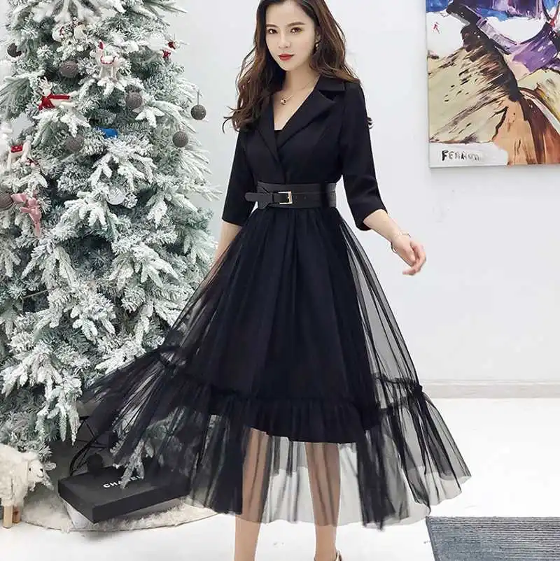 2019 Spring Sexy Patchwork elegant Dress Women Notched Neck Mesh Waist Dresses Long Swing Vestido Belt high quality robe femme
2019 Spring Sexy Patchwork elegant Dress Women Notched Neck Mesh Waist Dresses Long Swing Vestido Belt high quality robe femme