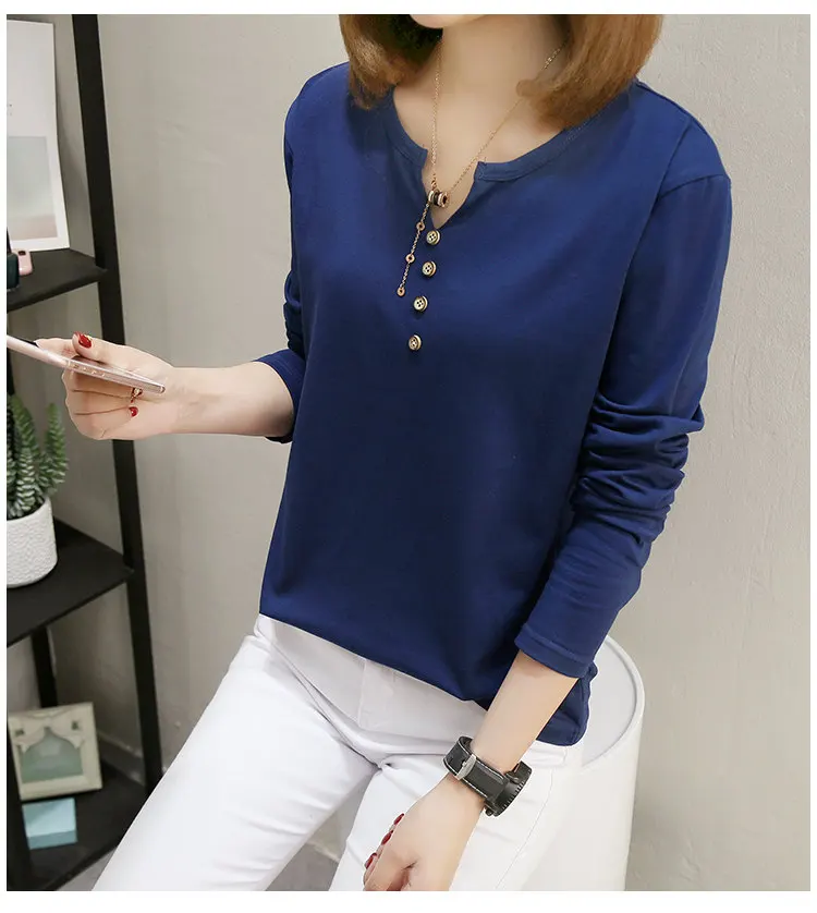 New Womens Tops Tees 2019 Autumn Large Size Tshirt Femme Casual V-neck Long Sleeve Cotton T-shirt Poleras Mujer Tshirts Female (12)