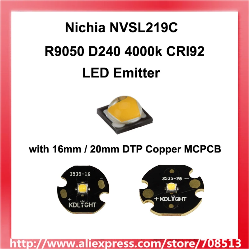 Nichia 219C Neutral White 4000K CRI92 LED Emitter with 16mm/20mm DTP Copper MCPCB - 1pc
Nichia 219C Neutral White 4000K CRI92 LED Emitter with 16mm/20mm DTP Copper MCPCB - 1pc