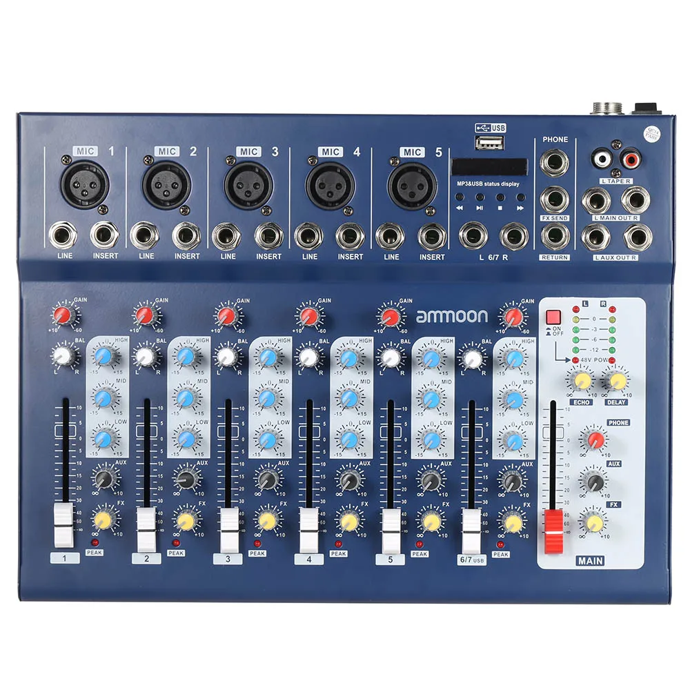 ammoon F7-USB 7-Channel Digtal Mic Line Audio Sound Mixer Mixing Console with USB Input 48V Phantom Power 3 Bands Equalizer
ammoon F7-USB 7-Channel Digtal Mic Line Audio Sound Mixer Mixing Console with USB Input 48V Phantom Power 3 Bands Equalizer