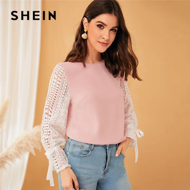 SHEIN Contrast Guipure Lace Sleeve Knot Detail Womens Tops And Blouses Elegant Round Neck Long Sleeve Pink Spring Summer Blouse
SHEIN Contrast Guipure Lace Sleeve Knot Detail Womens Tops And Blouses Elegant Round Neck Long Sleeve Pink Spring Summer Blouse