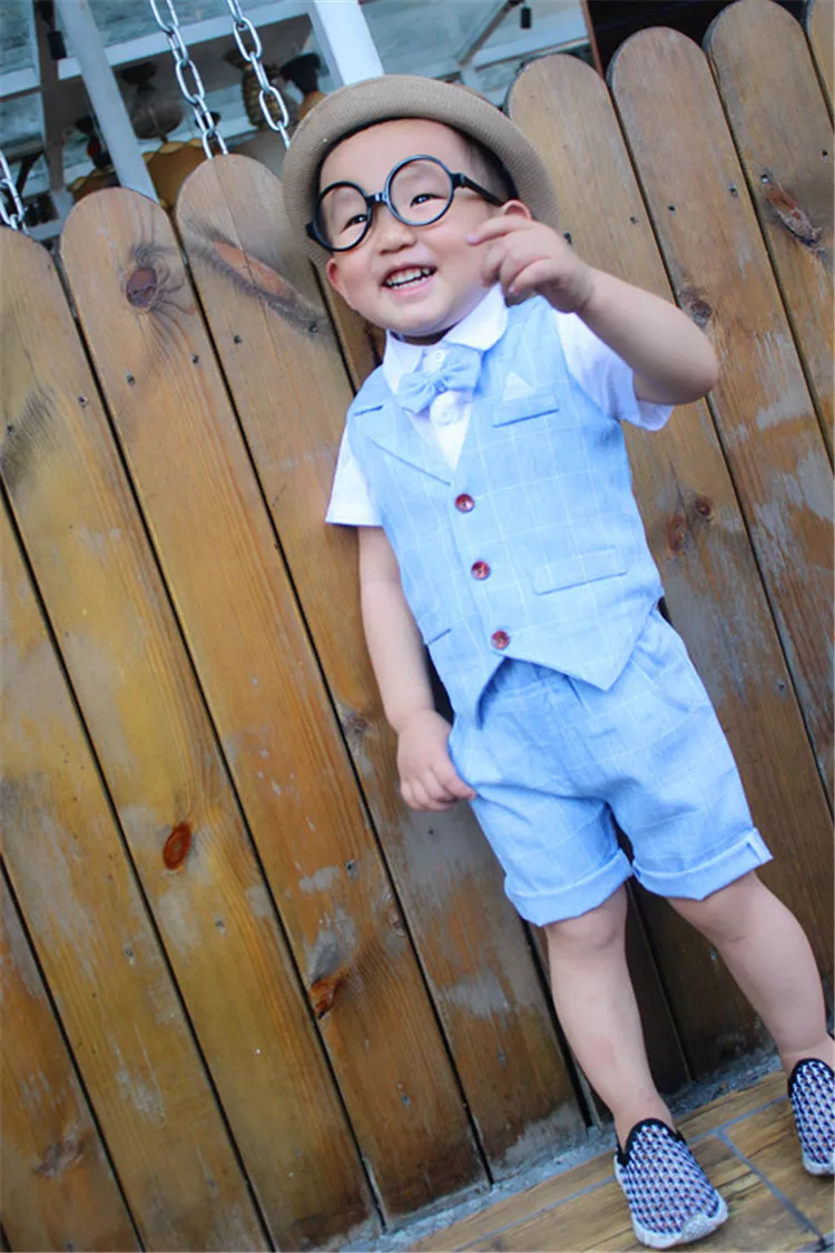 Baby Boys Clothing Sets 2018 New Summer Children Formal Wear Soft Short Shirt + Plaid Waist Coat + Shorts Kids 3PC Suits JJ010 7