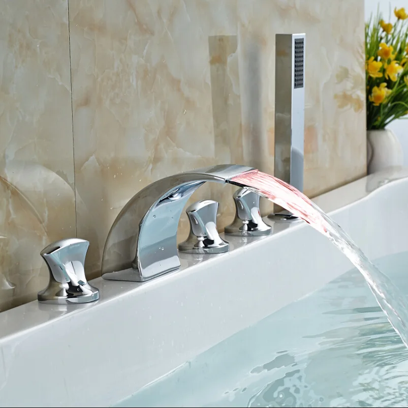 

Bathroom 5pcs LED Light Waterfall Bathtub Mixer Faucet Deck Mount Widespread Tub Mixer Taps with Handshower