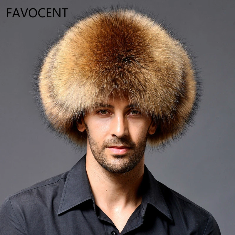 

Russian Leather Bomber Hat Men Winter Hats With Earmuffs Trapper Earflap Cap Man Natural Raccoon Warm Thick Fox Fur Black New