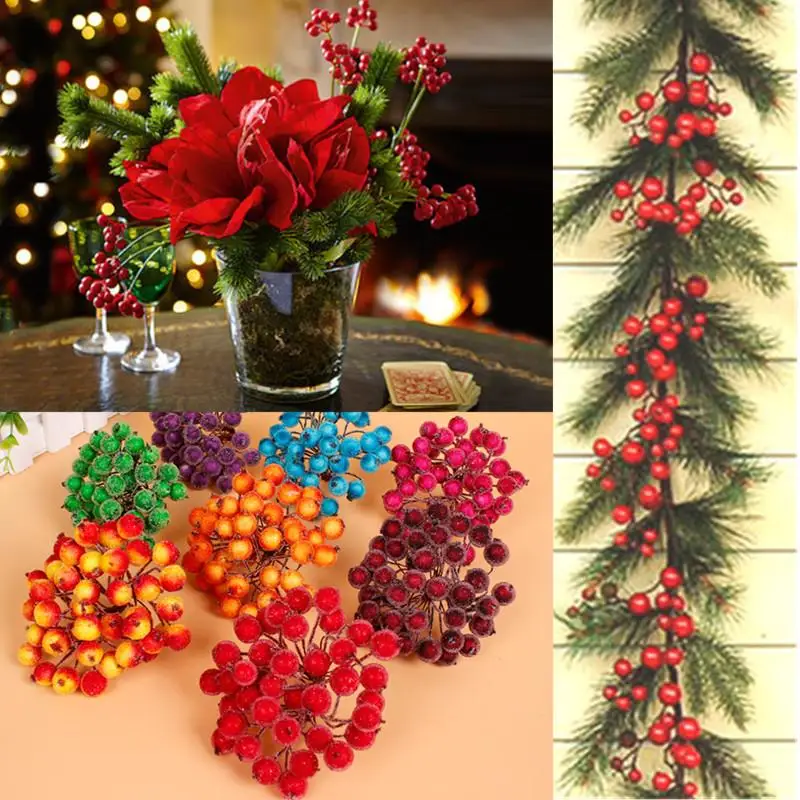 Hot 40pcs String Mini Small 10mm Berries Simulation Christmas 2017 New Arrival Artificial Fruits Simulation Berry Fake Fruit And Vegetables Home Decoration Shoot Props