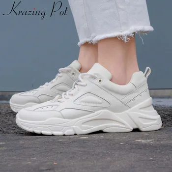

2020 high fashion white sneaker genuine leather lace up casual shoes med bottom platform concise breathable vulcanized shoes L23