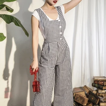 2018 Summer Vintage Slim High Rise Overalls Wide Leg Pants Plaid Type Buttons Decoration Cotton Linen Blend Fabric 
2018 Summer Vintage Slim High Rise Overalls Wide Leg Pants Plaid Type Buttons Decoration Cotton Linen Blend Fabric