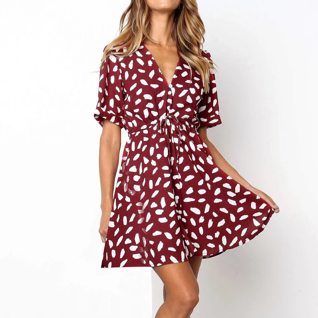 Womail Printed Design V-Neck Short Sleeve Casual 2019 Hot Sale Fashion Loose Beach Polyester Material Dress Women 19MAR28