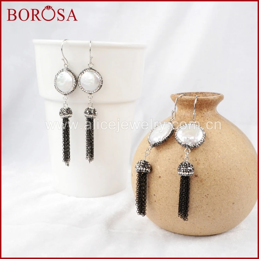 Круглые серьги-подвески BOROSA с натуральным жемчугом из циркония черной цепочкой