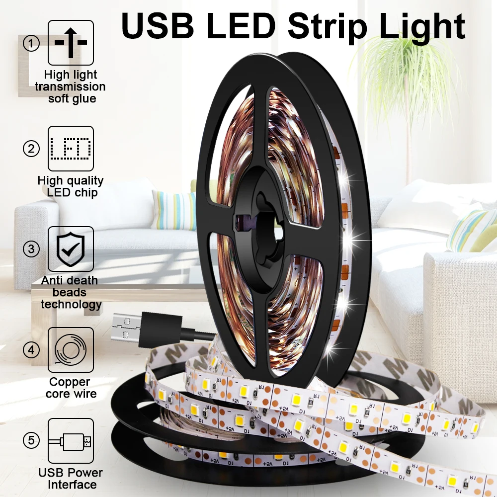 USB LED Strip DC 5V Flexible Light Lamp Tape 60LEDs SMD 2835 50CM 1M 2M 3M 4M 5M Neon Ribbon Diode TV Background Bias Lighting
USB LED Strip DC 5V Flexible Light Lamp Tape 60LEDs SMD 2835 50CM 1M 2M 3M 4M 5M Neon Ribbon Diode TV Background Bias Lighting