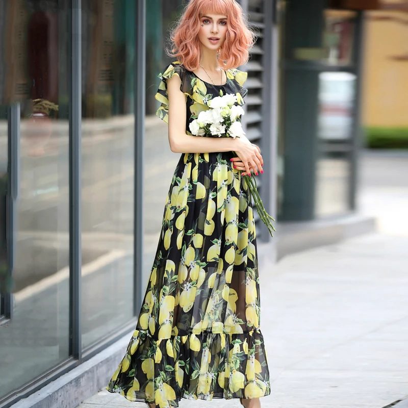 

Women's new fashion summer autumn Runway Designer Boutique A-Line Dress Fresh Yellow Lemon Printed Fishtail Mermaid dresses